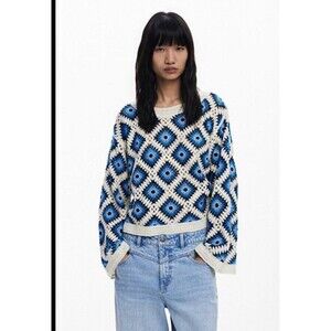 Desigual crochet top Sweater Small S Granny Square Open Knit Sheer Designer